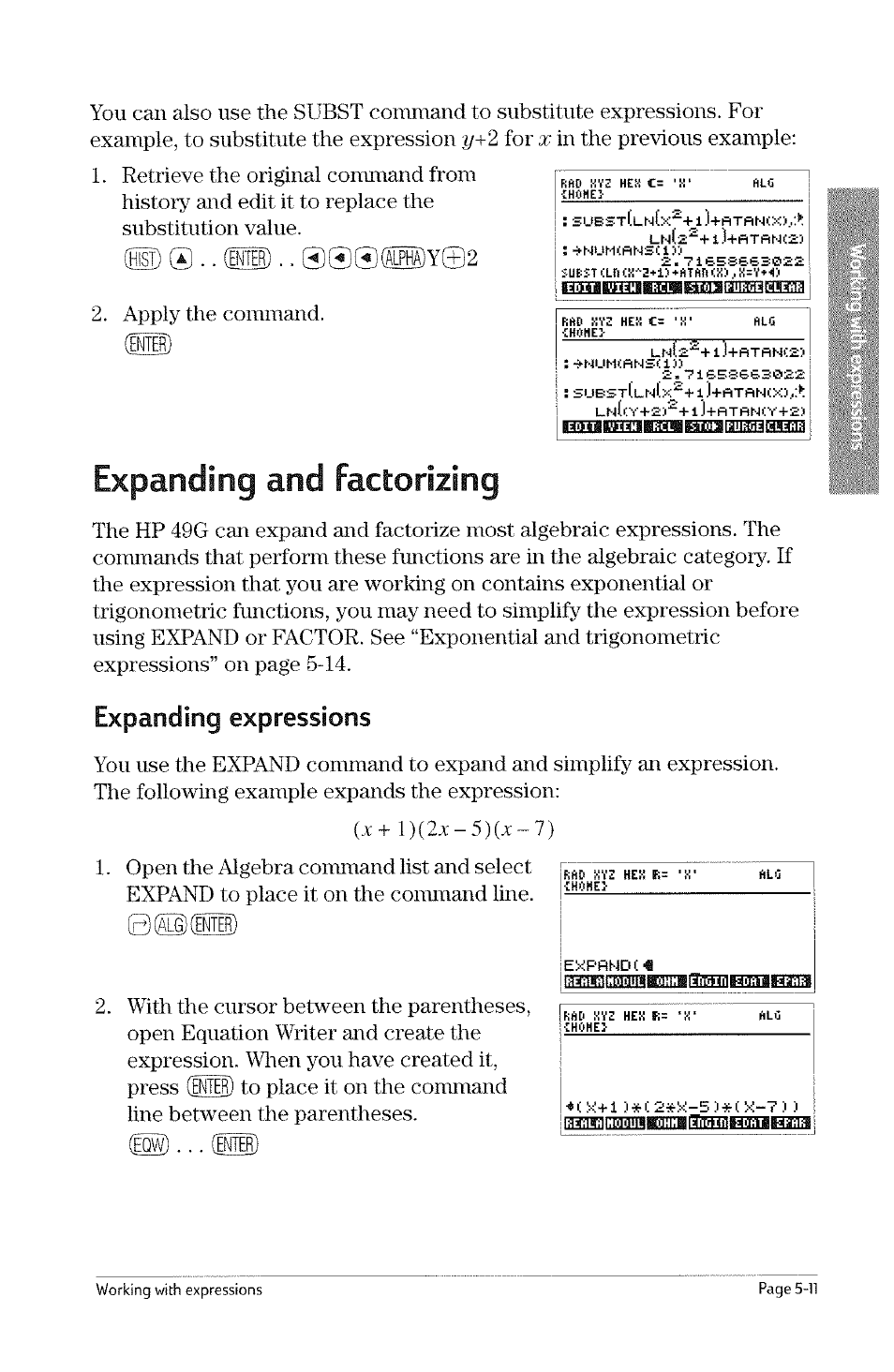 Expanding and factorizing, Expanding expressions, Expanding and factorizing -11 | Expanding expressions -11, X + l ) ( 2 x - 5 ) ( x - 7 ), Imnn, Apply the command, H0he, Iff-4um':rnsi:i, Subs | HP 49g Graphing Calculator User Manual | Page 121 / 242