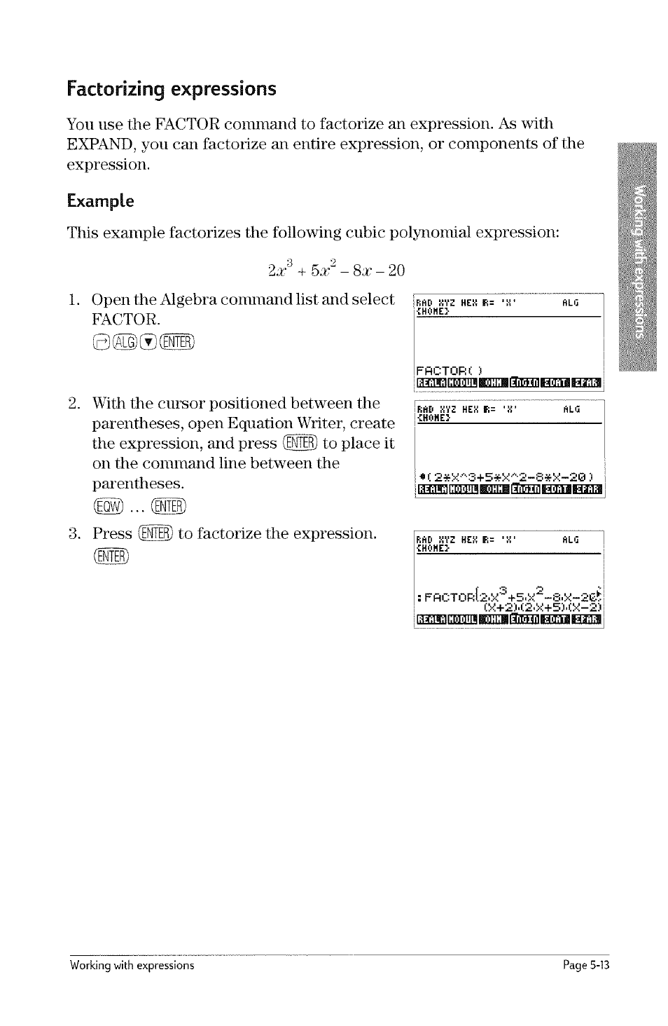 Factorizing expressions, Example, Factorizing expressions -13 | Example 3 -9 | HP 49g Graphing Calculator User Manual | Page 123 / 242