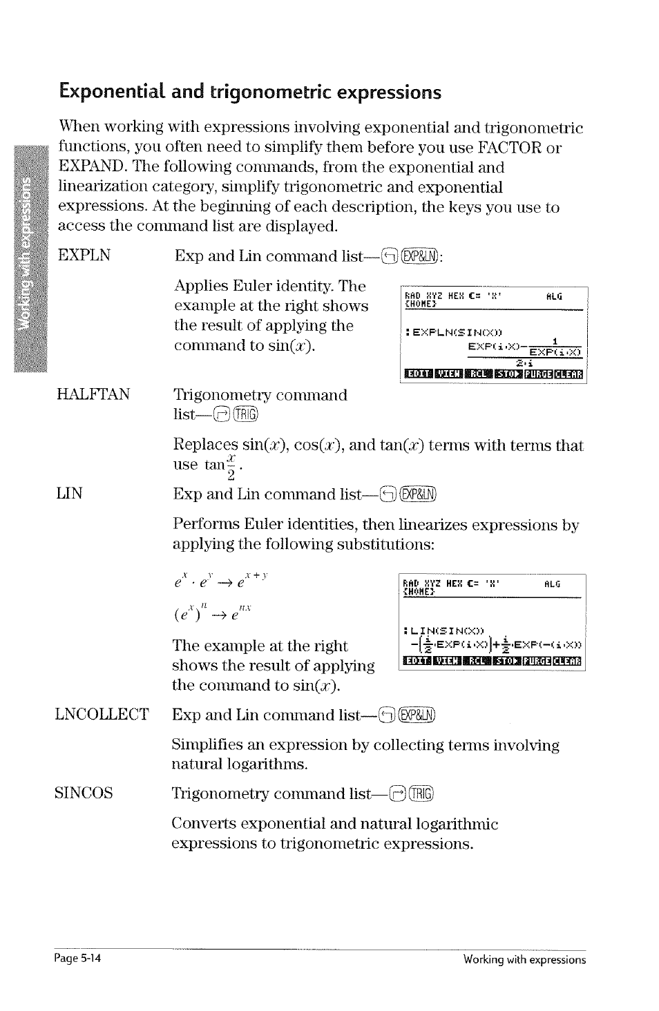 Exponential and trigonometric expressions, Exponential and trigonometric expressions -14 | HP 49g Graphing Calculator User Manual | Page 124 / 242