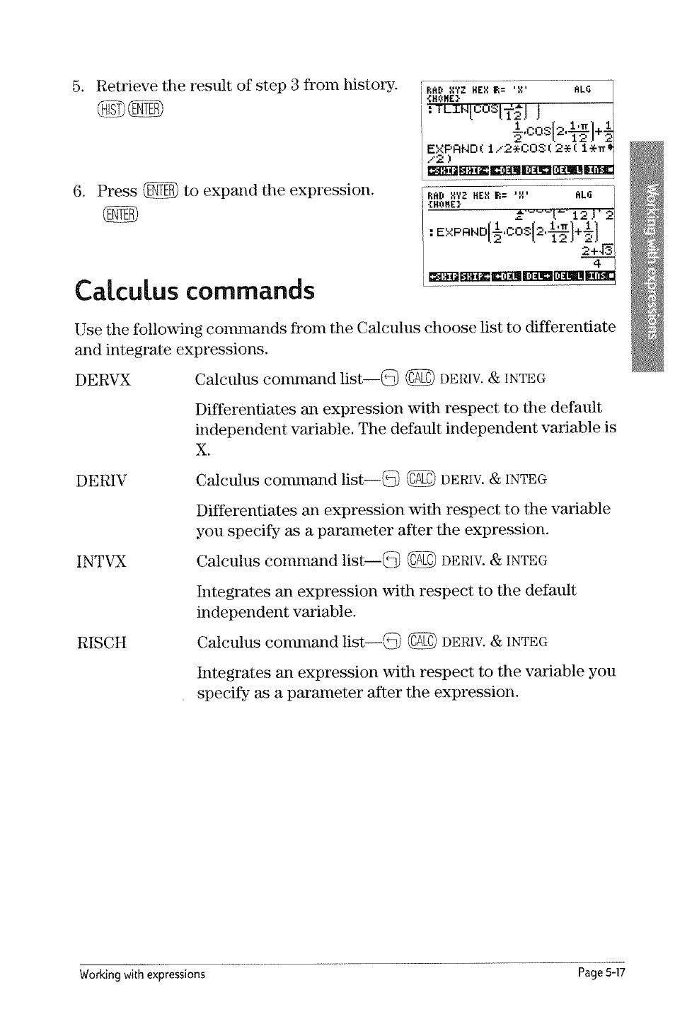 Calculus commands, Calculus commands -17, Tllw[cöglf|j j | Deriv. & integ, Deriv | HP 49g Graphing Calculator User Manual | Page 127 / 242