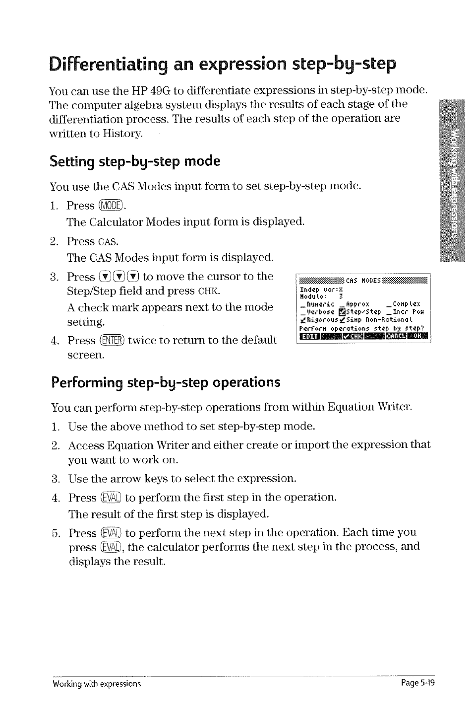 Differentiating an expression step-by-step, Setting step-by-step mode, Performing step-by-step operations | Differentiating an expression step-by-step -19, Setting step-by-step mode -19, Perfonning step-by-step operations -19 | HP 49g Graphing Calculator User Manual | Page 129 / 242