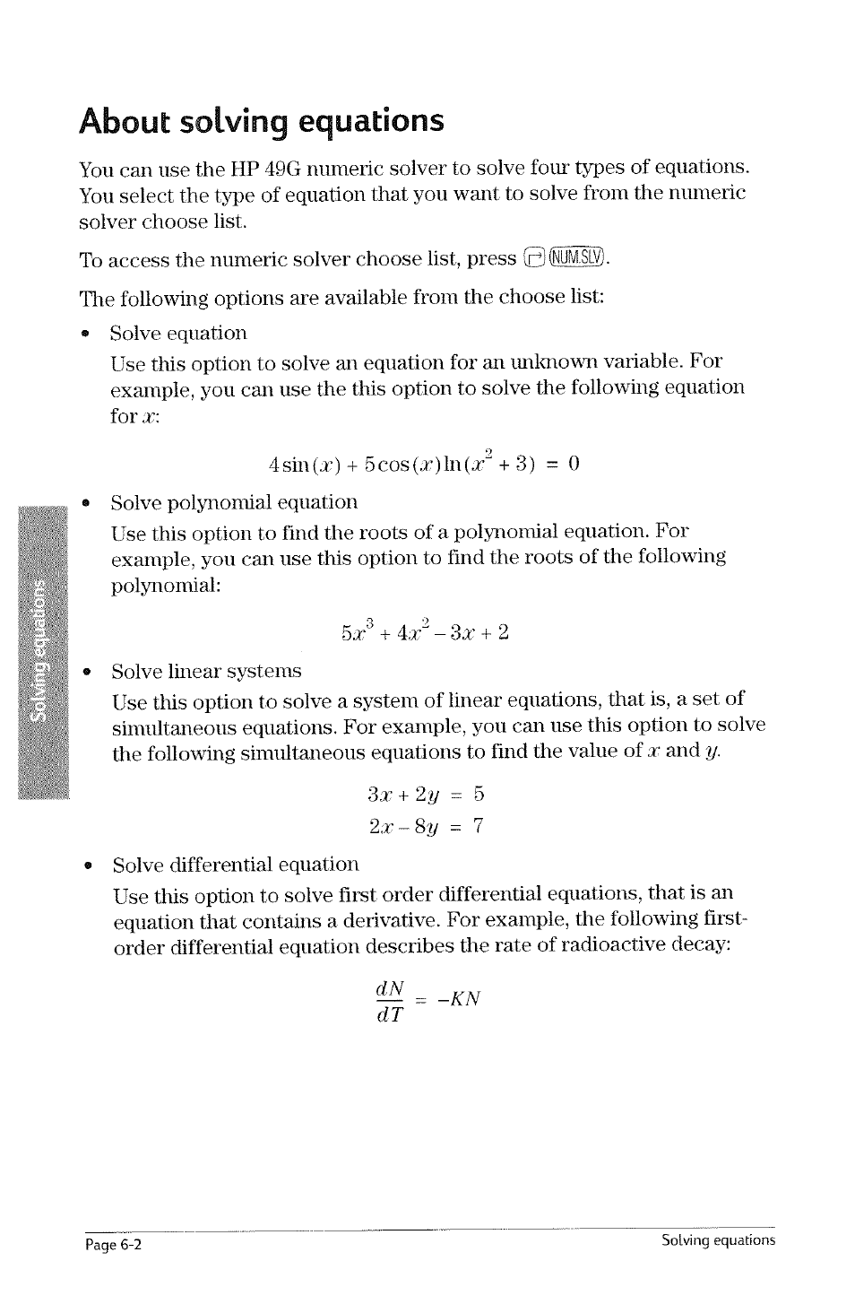 About solving equations, About solving equations -2, Solving | About, Equations | HP 49g Graphing Calculator User Manual | Page 132 / 242