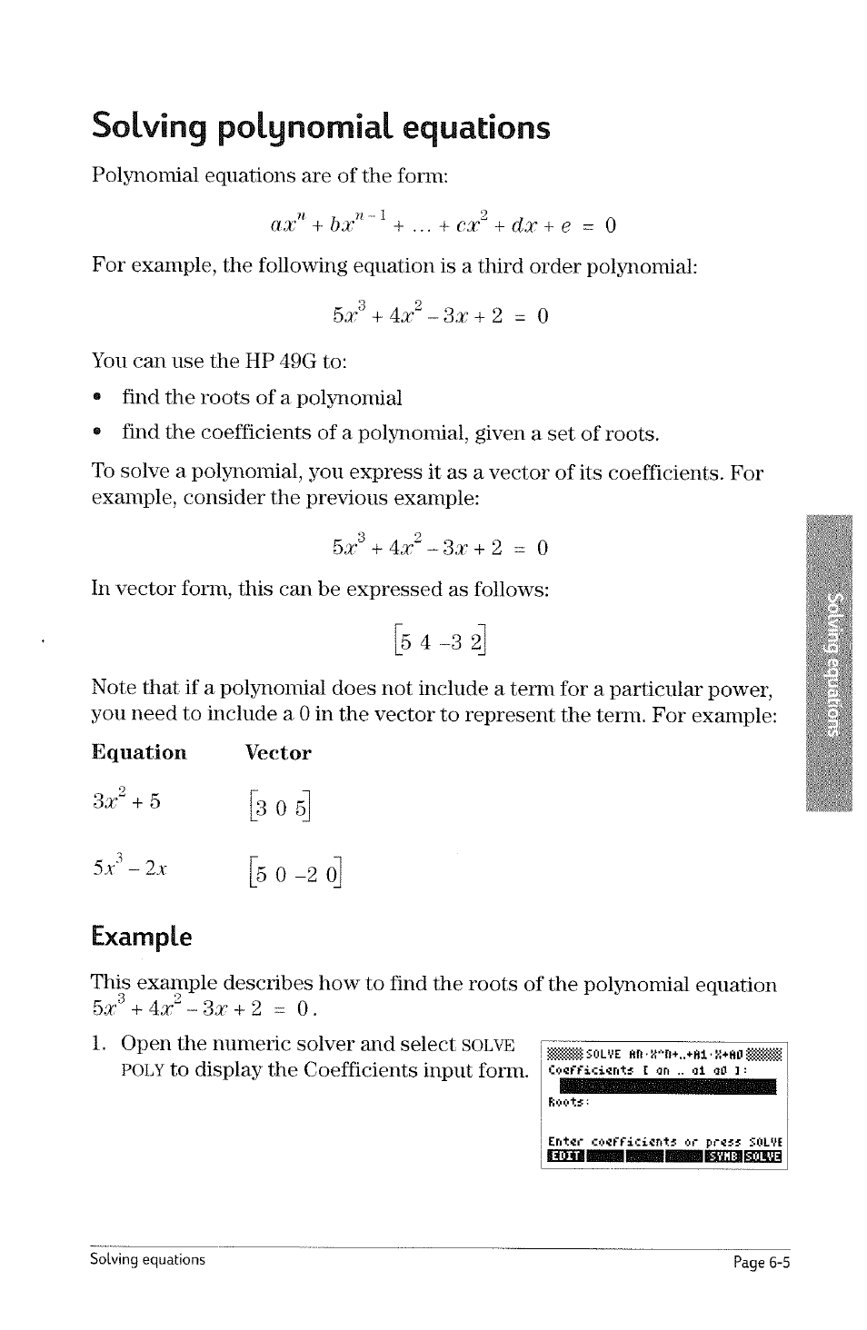 Solving polynomial equations, Example, Solving polynomial equations -5 | Example -14, Equation, Vector, Poly | HP 49g Graphing Calculator User Manual | Page 135 / 242