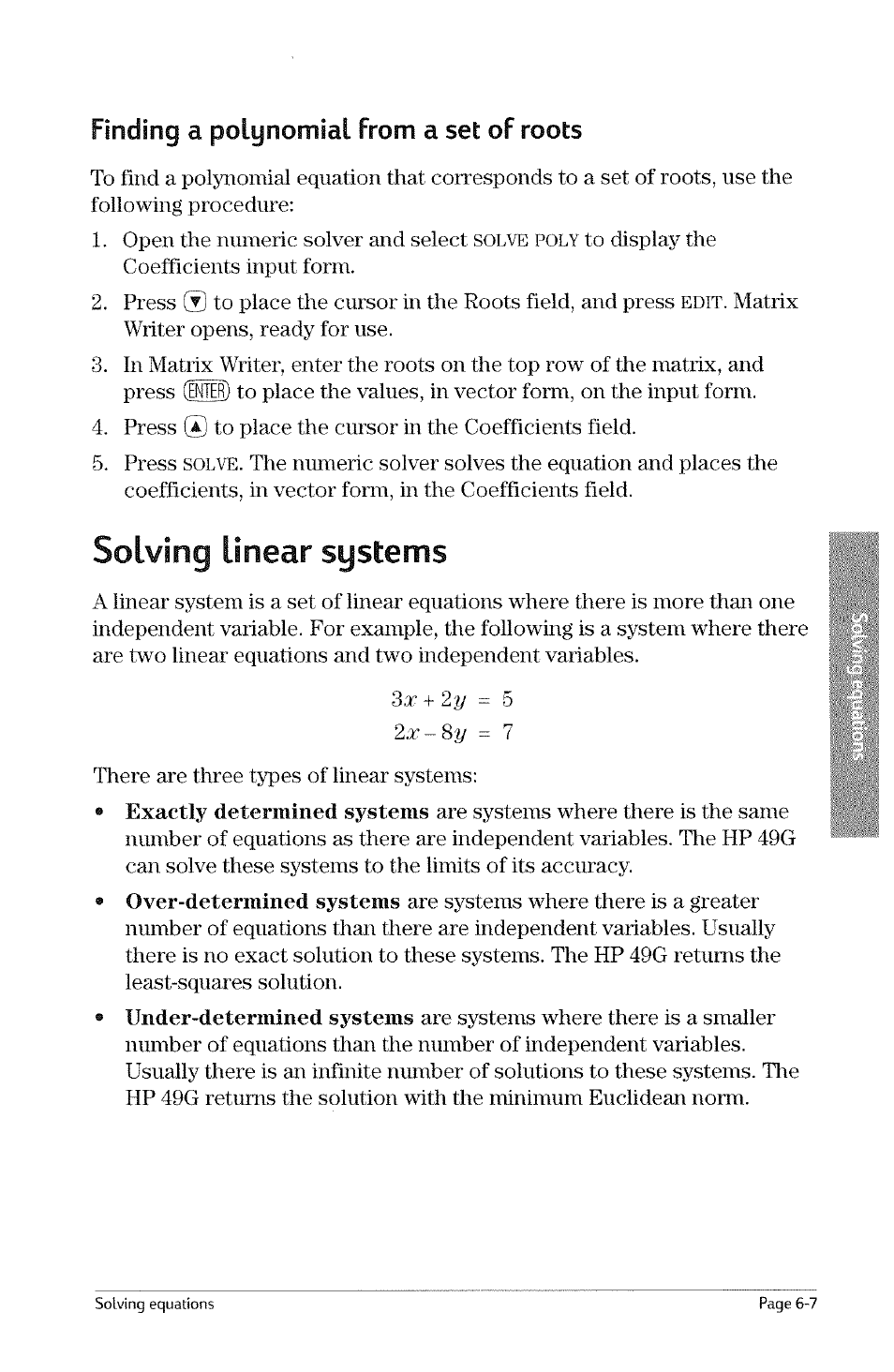 Finding a polynomial from a set of roots, Solving linear systems, Finding a polyiromial from a set of roots -7 | Solving linear systems -7, Set of, Solve poly, Solve, Finding a polynomial from a, Roots | HP 49g Graphing Calculator User Manual | Page 137 / 242