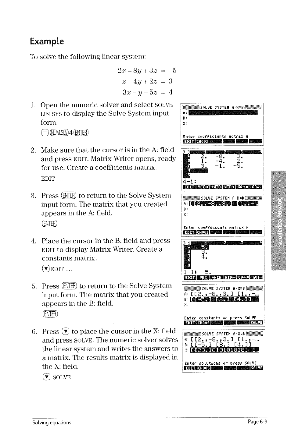 Example, Example -16, Solve un sys | Edit | HP 49g Graphing Calculator User Manual | Page 139 / 242