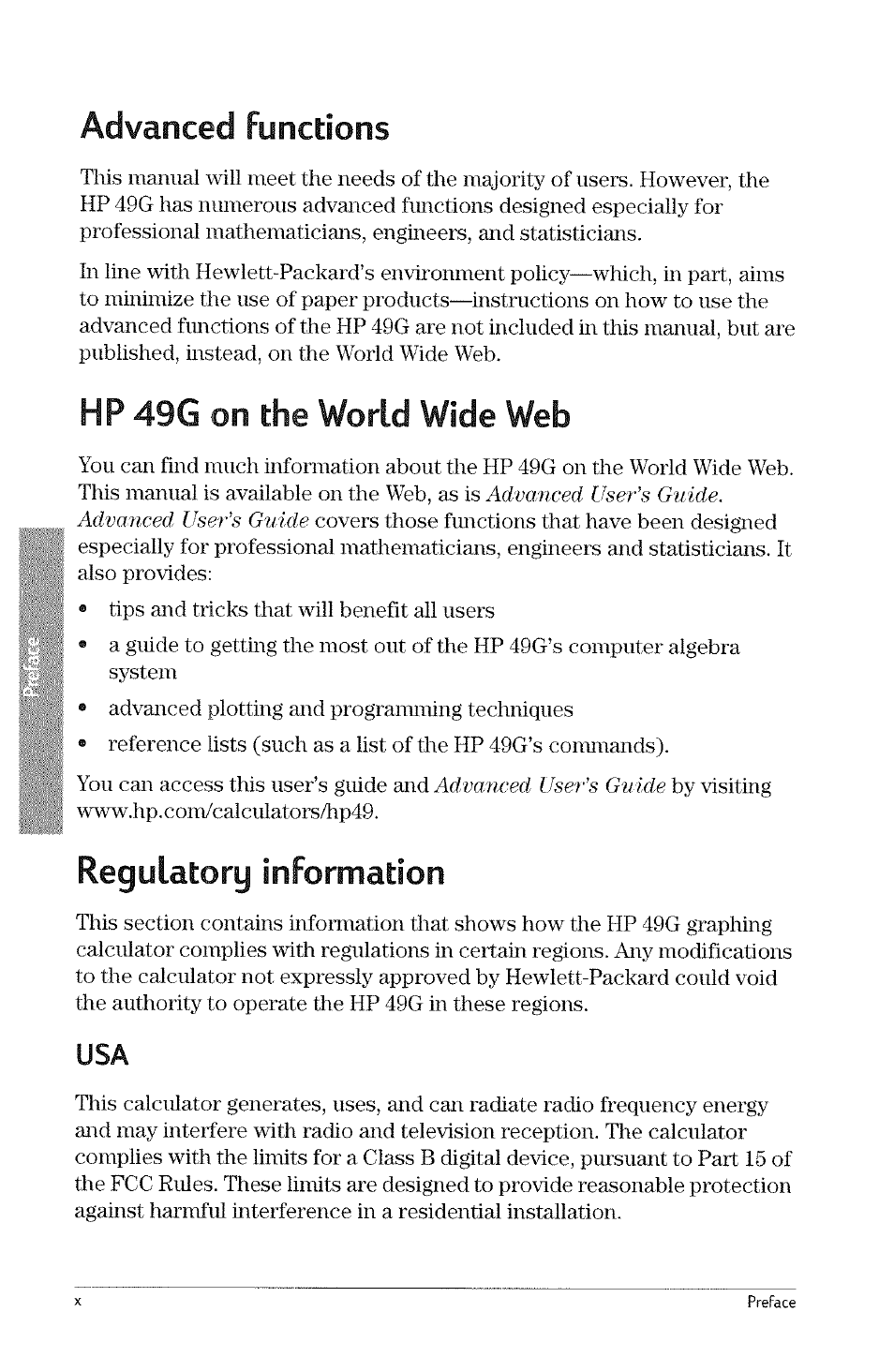 Advanced functions, Hp 49g on the world wide web, Regulatory information | Advanced user’s guide. advanced. user’s guide, Advanced user’s guide | HP 49g Graphing Calculator User Manual | Page 14 / 242