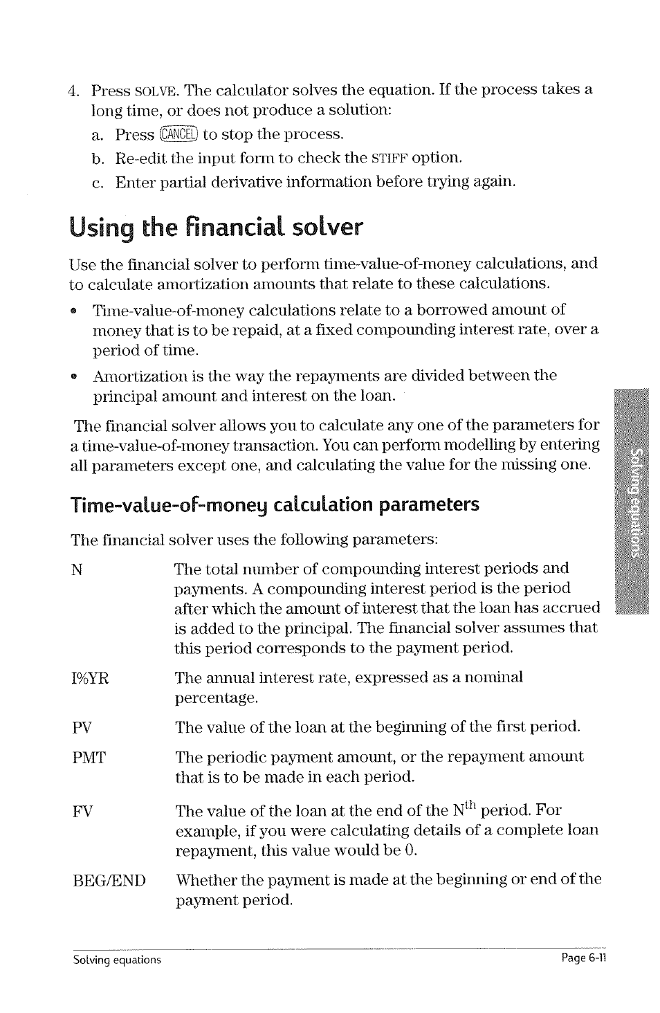 Using the financial solver, Time-value-of-money calculation parameters, Using the financial solver -11 | Time-value-of-money calculation parameters -11, Time-value-of-money, Solve, Stiff, Calculation parameters | HP 49g Graphing Calculator User Manual | Page 141 / 242