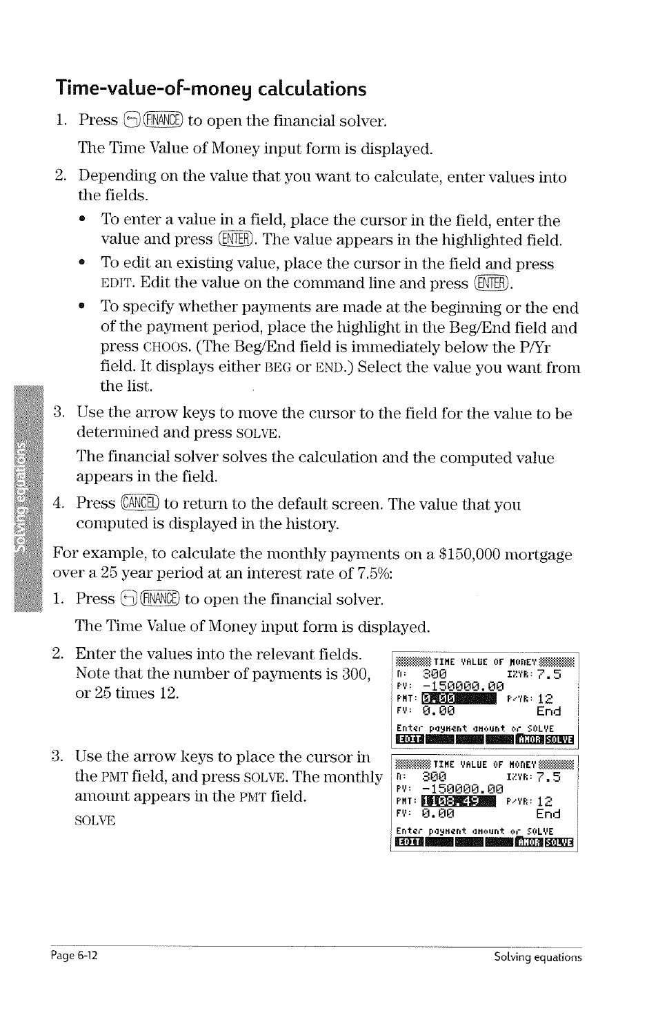 Time-value-of-money calculations, Edit, Choos | End.), Pimt, Solve, Я) (finance), N) c, Nance) | HP 49g Graphing Calculator User Manual | Page 142 / 242