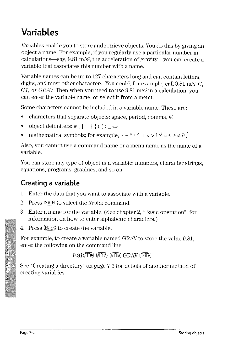 Variables, Creating a variable, Variables -2 | Creating a variable -2, Store | HP 49g Graphing Calculator User Manual | Page 146 / 242