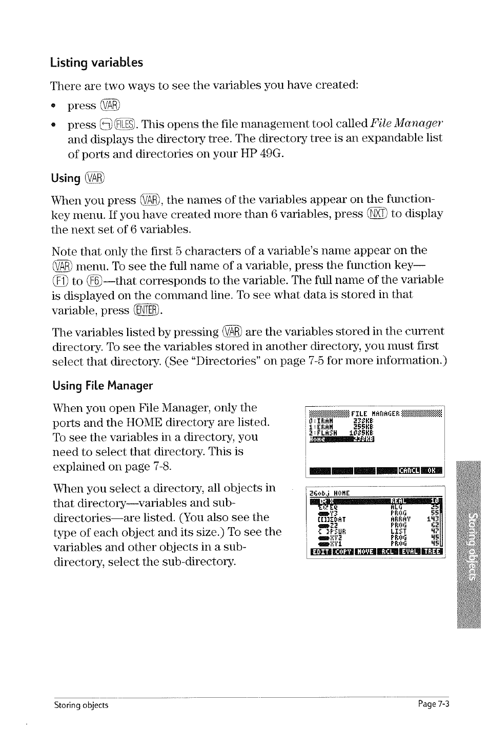 Listing variables, Using @), Using file manager | HP 49g Graphing Calculator User Manual | Page 147 / 242