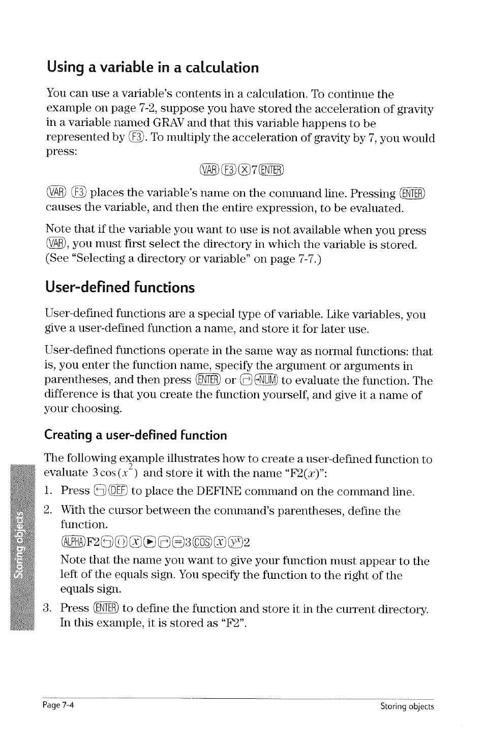 User-defined functions, Creating a user-defined function, User-defined fimctions -4 | Using a variable in a calculation | HP 49g Graphing Calculator User Manual | Page 148 / 242