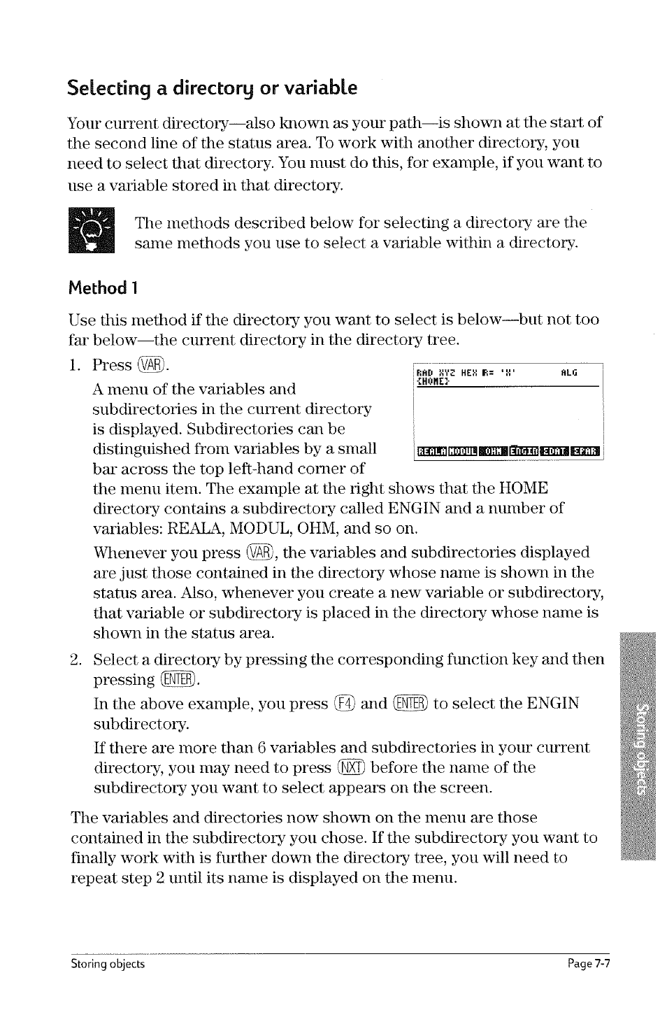 Method 1, Selecting, Directory | Or variable | HP 49g Graphing Calculator User Manual | Page 151 / 242