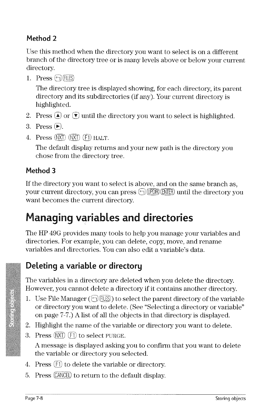 Method 2, Managing variables and directories, Deleting a variable or directory | Managing variables and directories -8, Deleting a variable or directoiy -8 | HP 49g Graphing Calculator User Manual | Page 152 / 242