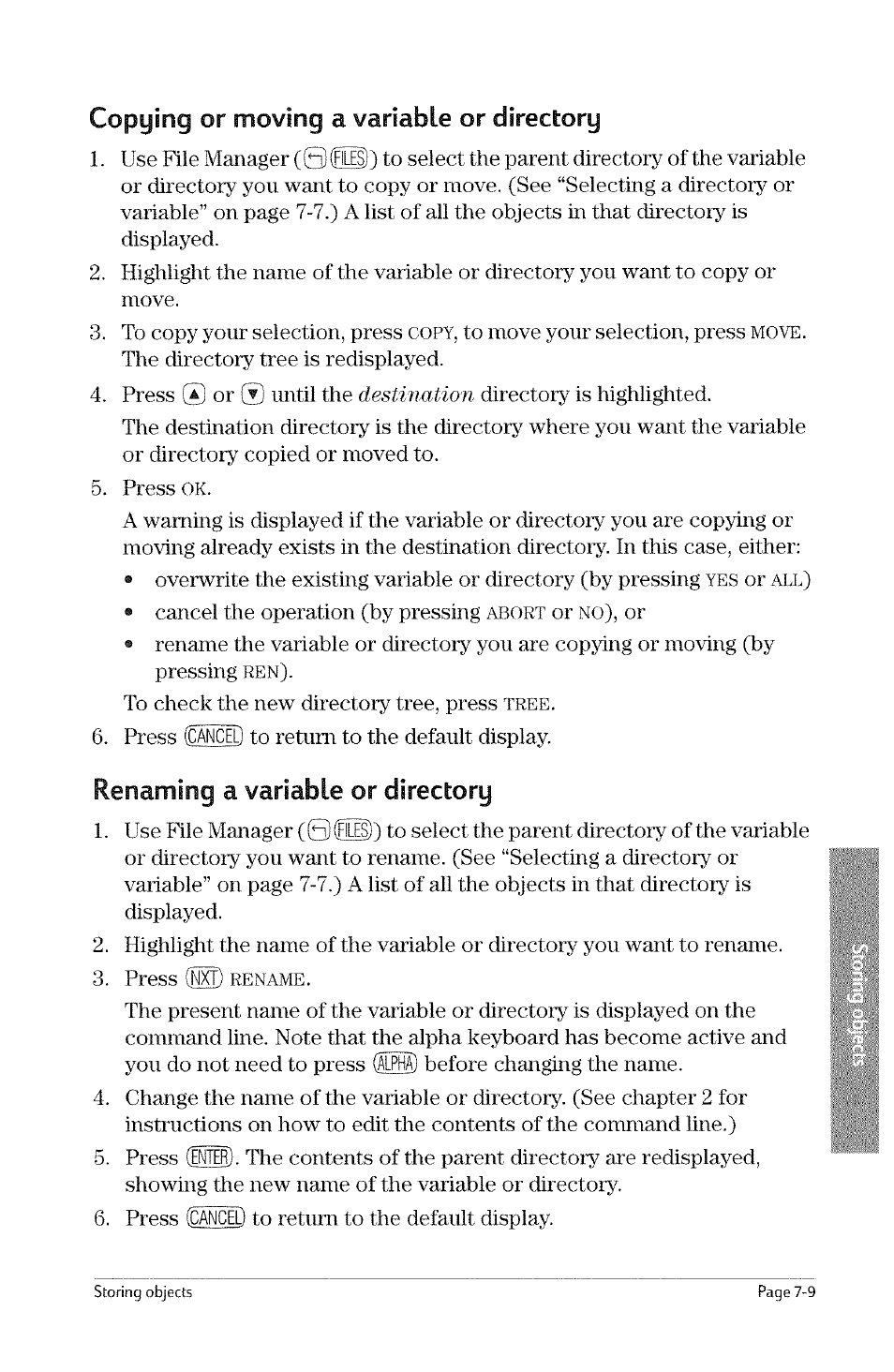 Copying or moving a variable or directory, Renaming a variable or directory, Copying or moving a variable or directory -9 | Renaming a variable or directory -9, Copying, Copy, Move, Tree, Rename, Or moving a variable or directory | HP 49g Graphing Calculator User Manual | Page 153 / 242