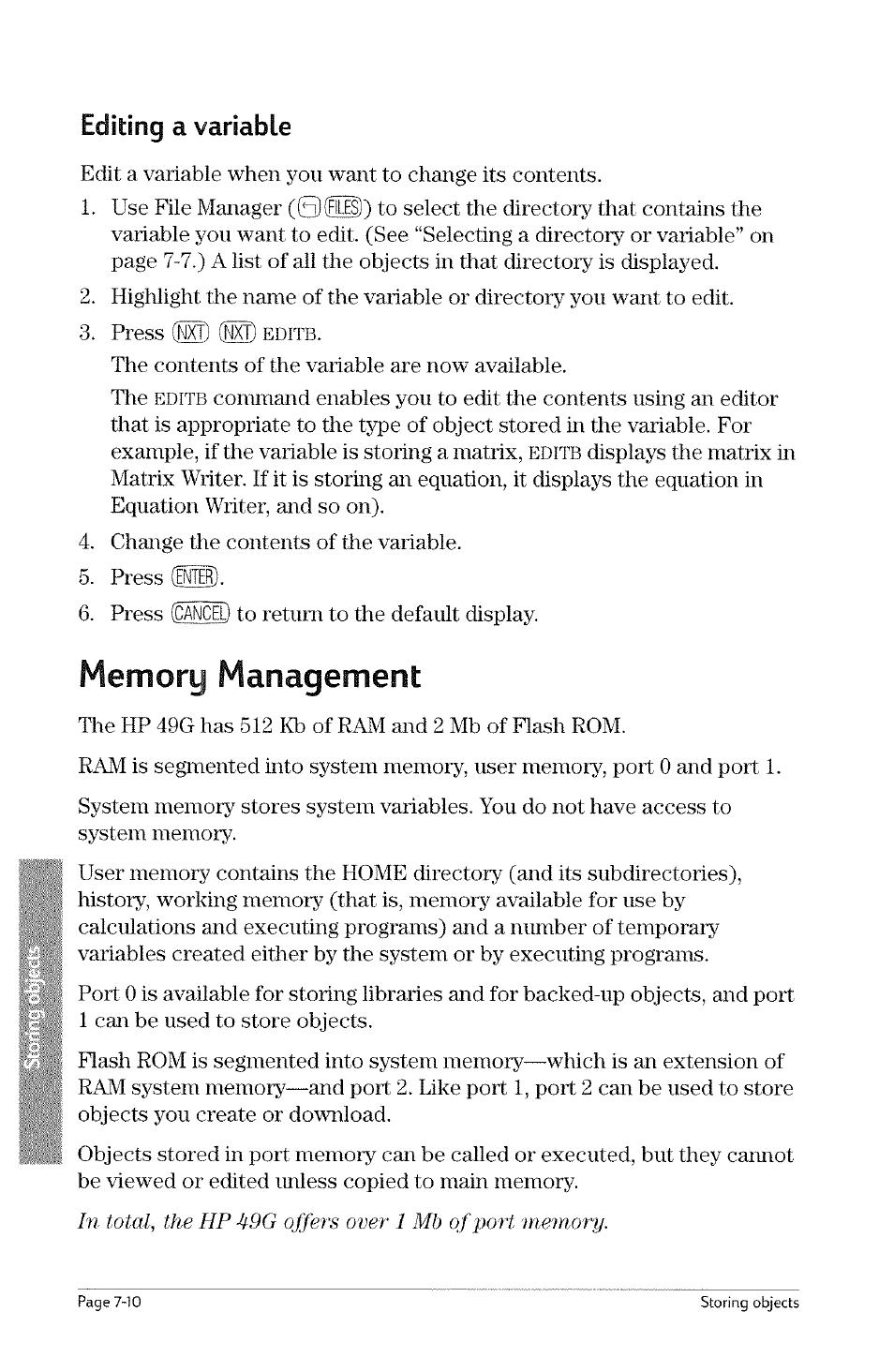 Editing a variable, Memory management, Time management -26 | Editing a variable -10, Q(ei1d), Editing, Nxt) (nxi) editb, Editb | HP 49g Graphing Calculator User Manual | Page 154 / 242