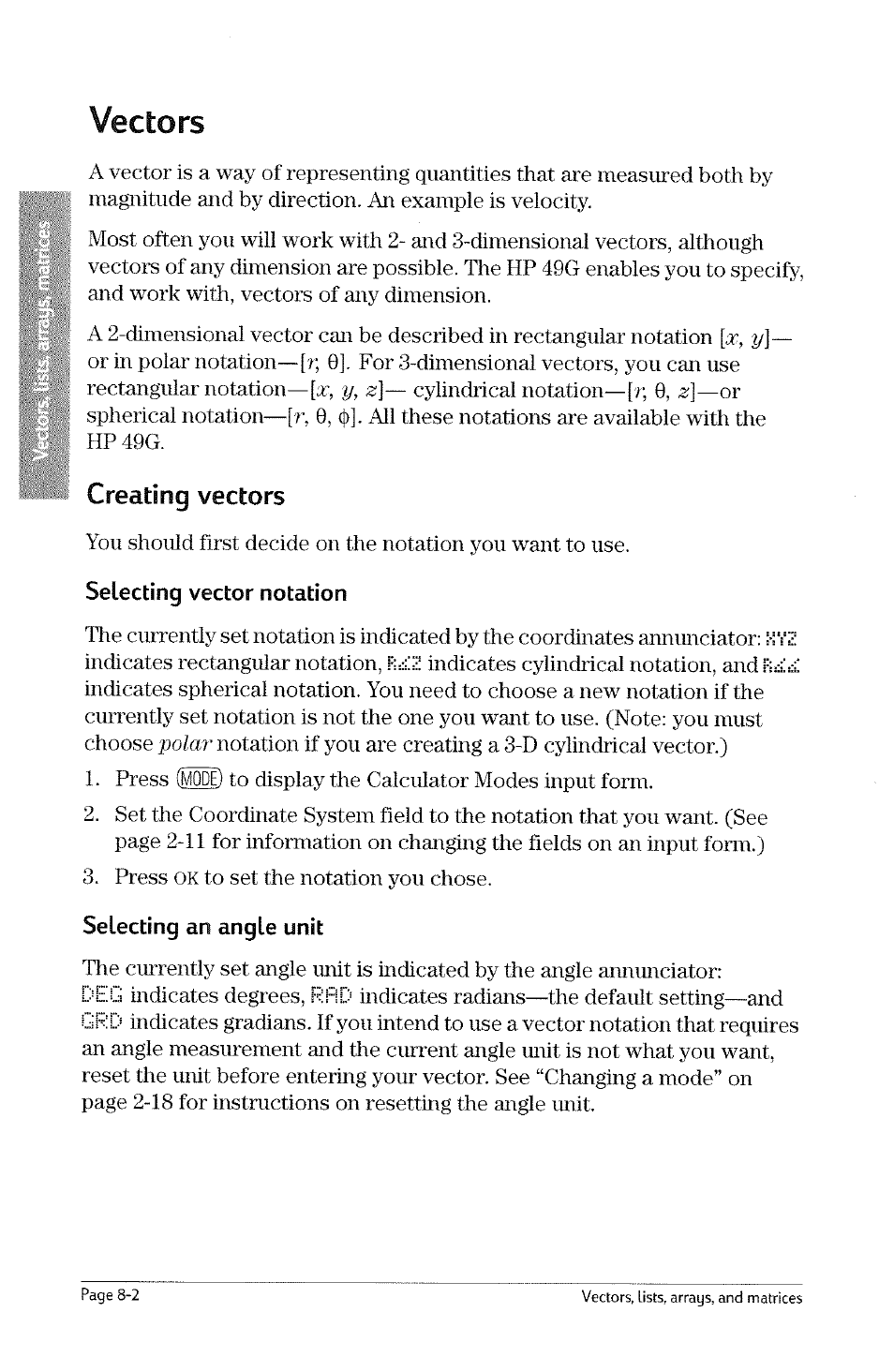 Vectors, Creating vectors, Selecting vector notation | Selecting an angle unit, Creating a directory -6, Vectors -2, Creating | HP 49g Graphing Calculator User Manual | Page 158 / 242