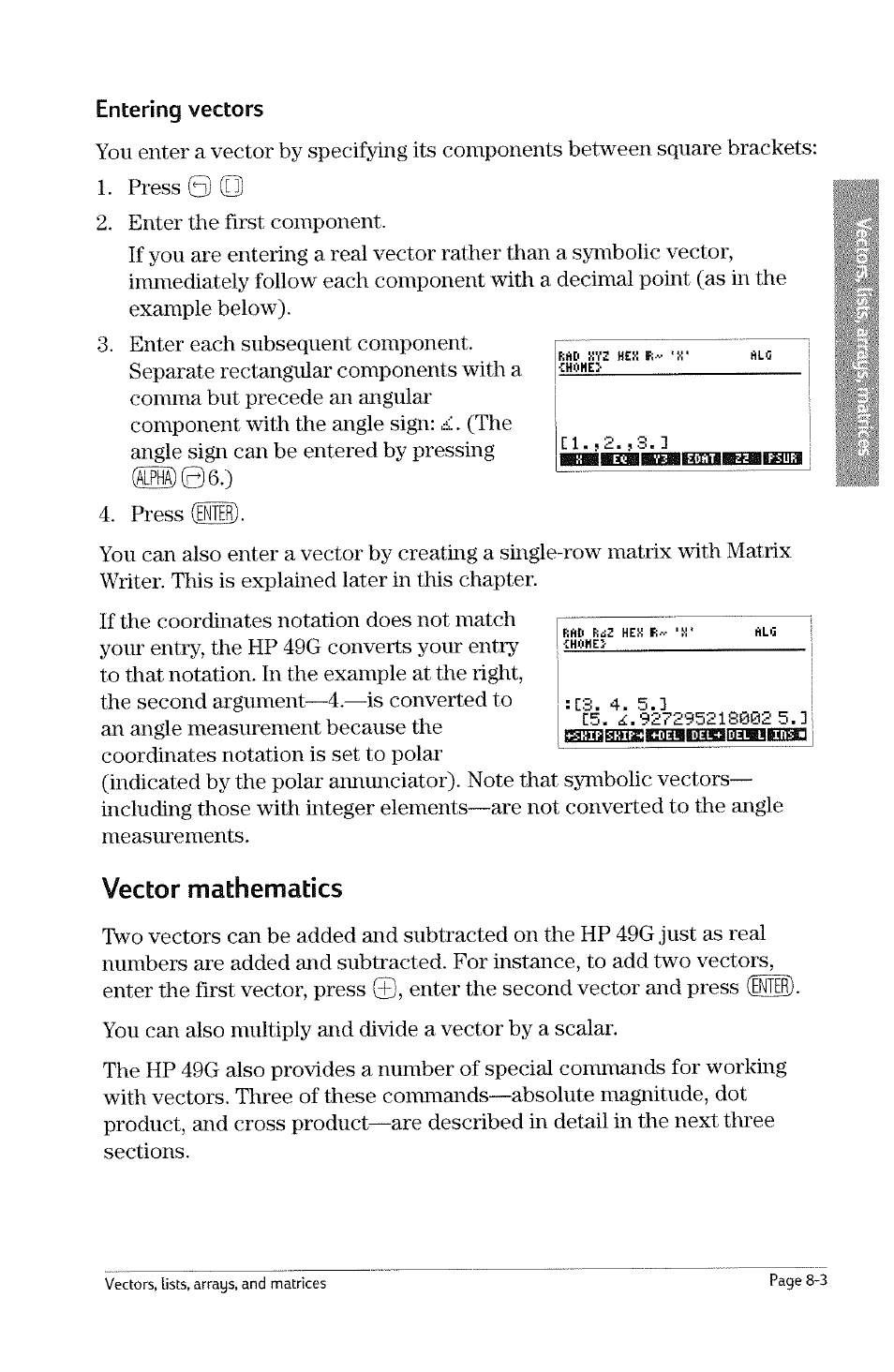 Vector mathematics, Vector mathematics -3 | HP 49g Graphing Calculator User Manual | Page 159 / 242