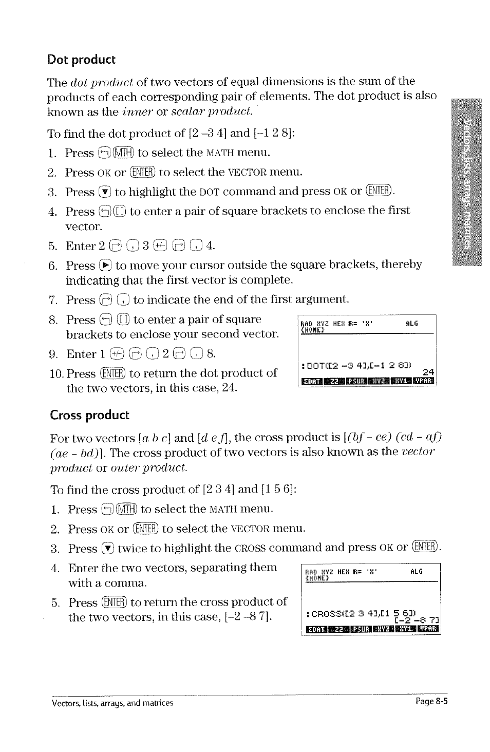 Dot product, Cross product, Math | Vector, Cross | HP 49g Graphing Calculator User Manual | Page 161 / 242