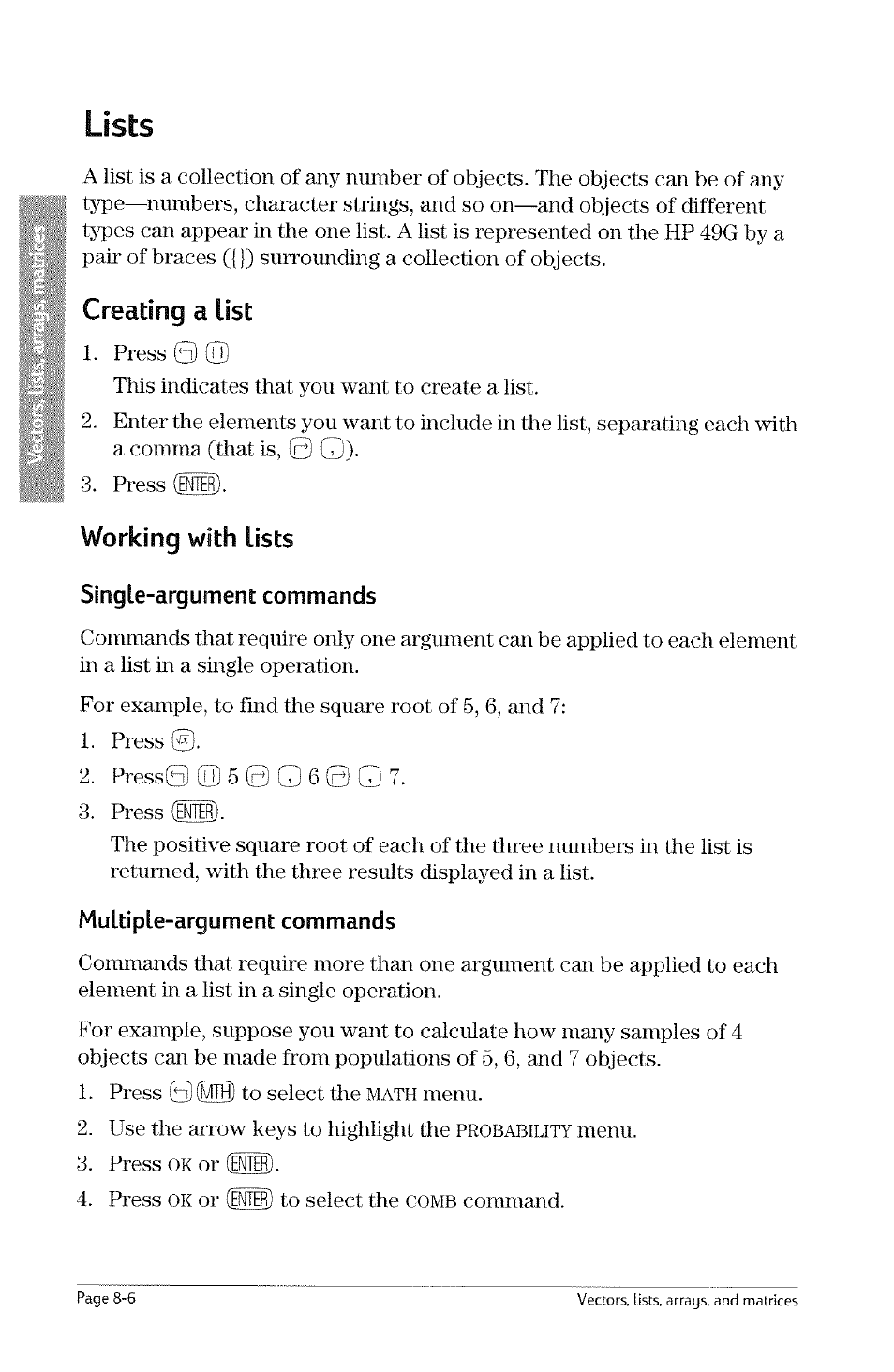 Creating a list, Working with lists, Single-argument commands | Multiple-argument commands, Creating a list -6, Working with variables -8, Lists, 0 q), Menu, Probability | HP 49g Graphing Calculator User Manual | Page 162 / 242