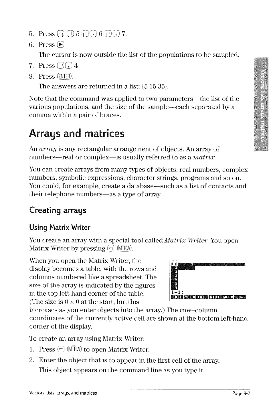 Arrays and matrices, Creating arrays, Using matrix writer | Arrays and matrices -7, Creating arrays -7, Using equation writer -4, Arrays, Matrices, 0 (mb | HP 49g Graphing Calculator User Manual | Page 163 / 242