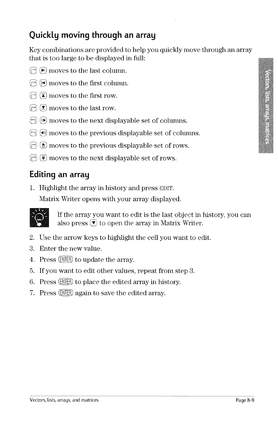 Quickly moving through an array, Editing an array | HP 49g Graphing Calculator User Manual | Page 165 / 242