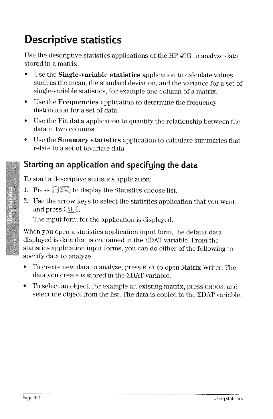 Descriptive statistics, Starting an application and specifying the data, Descriptive statistics -2 | Starting an application and specifying the data -2, 0(h) | HP 49g Graphing Calculator User Manual | Page 170 / 242