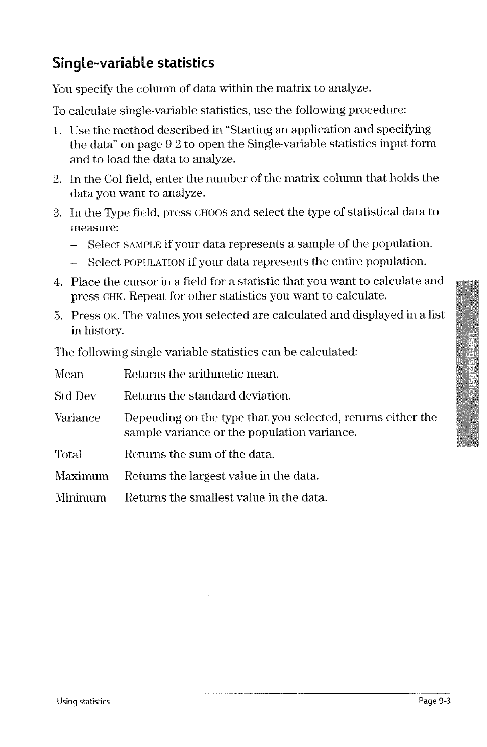 Choos, Sample, Population | Single-variable statistics | HP 49g Graphing Calculator User Manual | Page 171 / 242