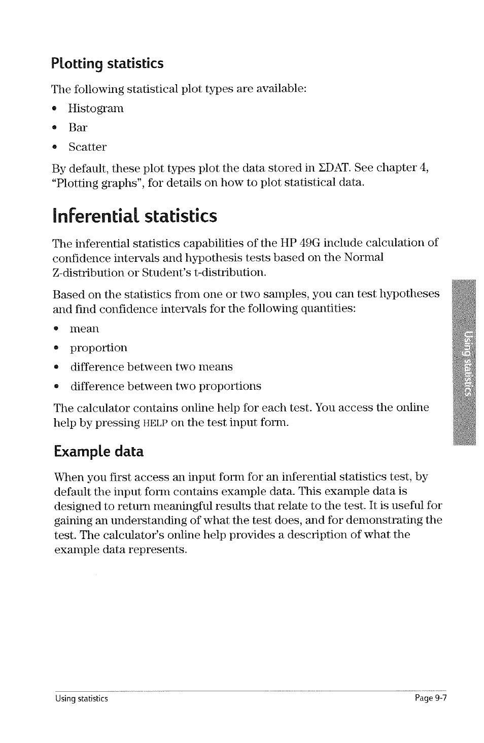 Example data, Example data -7, Inferential | Statistics, Help, Plotting statistics | HP 49g Graphing Calculator User Manual | Page 175 / 242