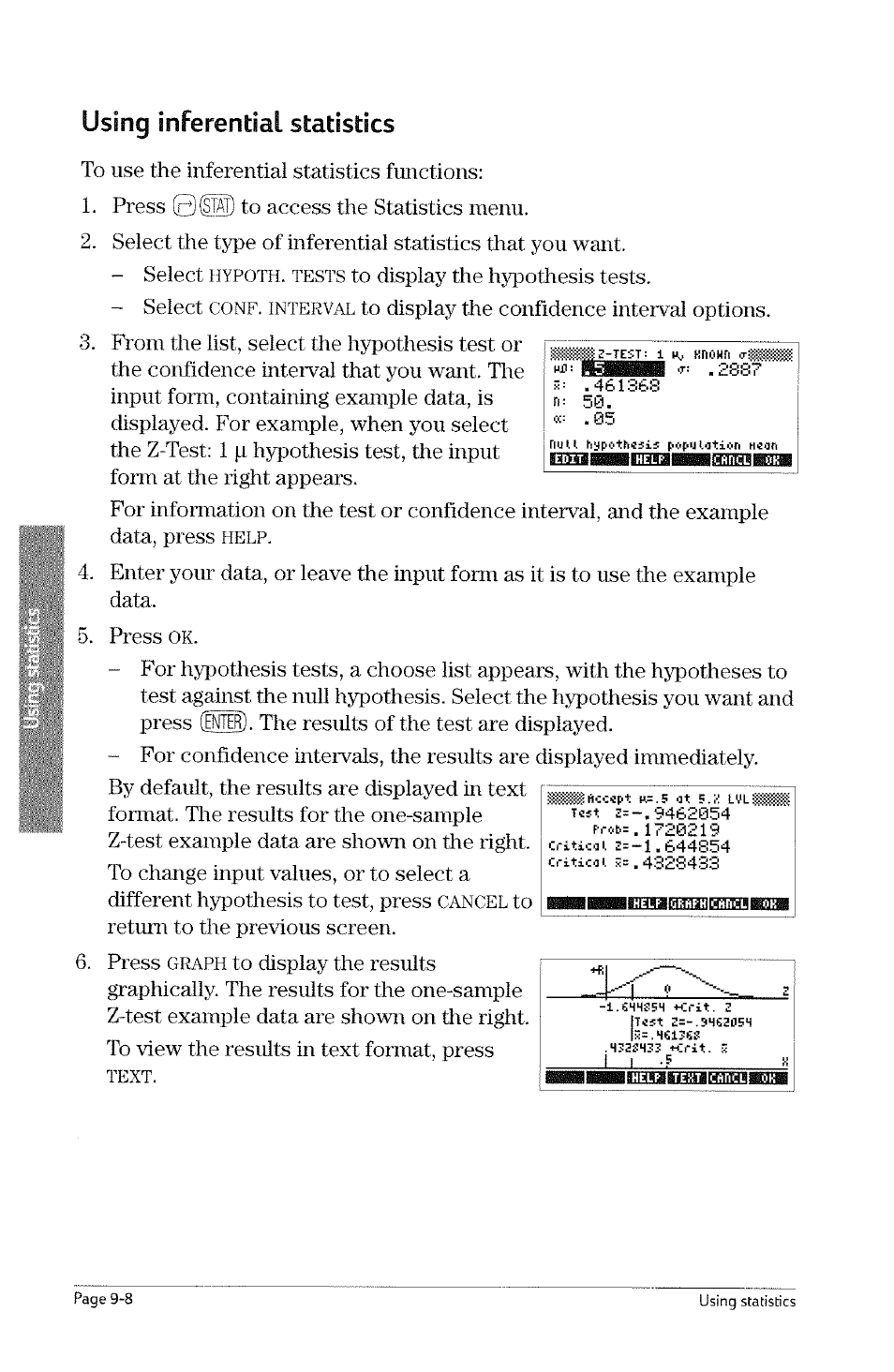 Using inferential statistics, Inferential statistics -7, Statistics | Hypoth. tests, Conf. interval, Graph, Text, Using inferential | HP 49g Graphing Calculator User Manual | Page 176 / 242