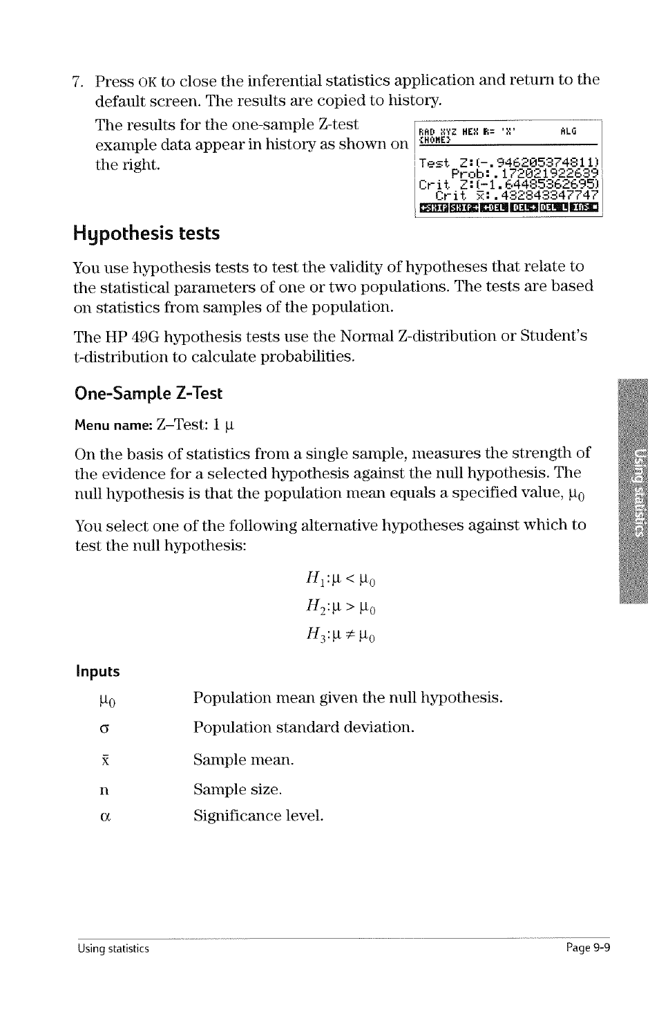 Hypothesis tests, One-sample z-test, Hypothesis tests -9 | Ea$qbi!se!33ieabeambh3, Inputs | HP 49g Graphing Calculator User Manual | Page 177 / 242