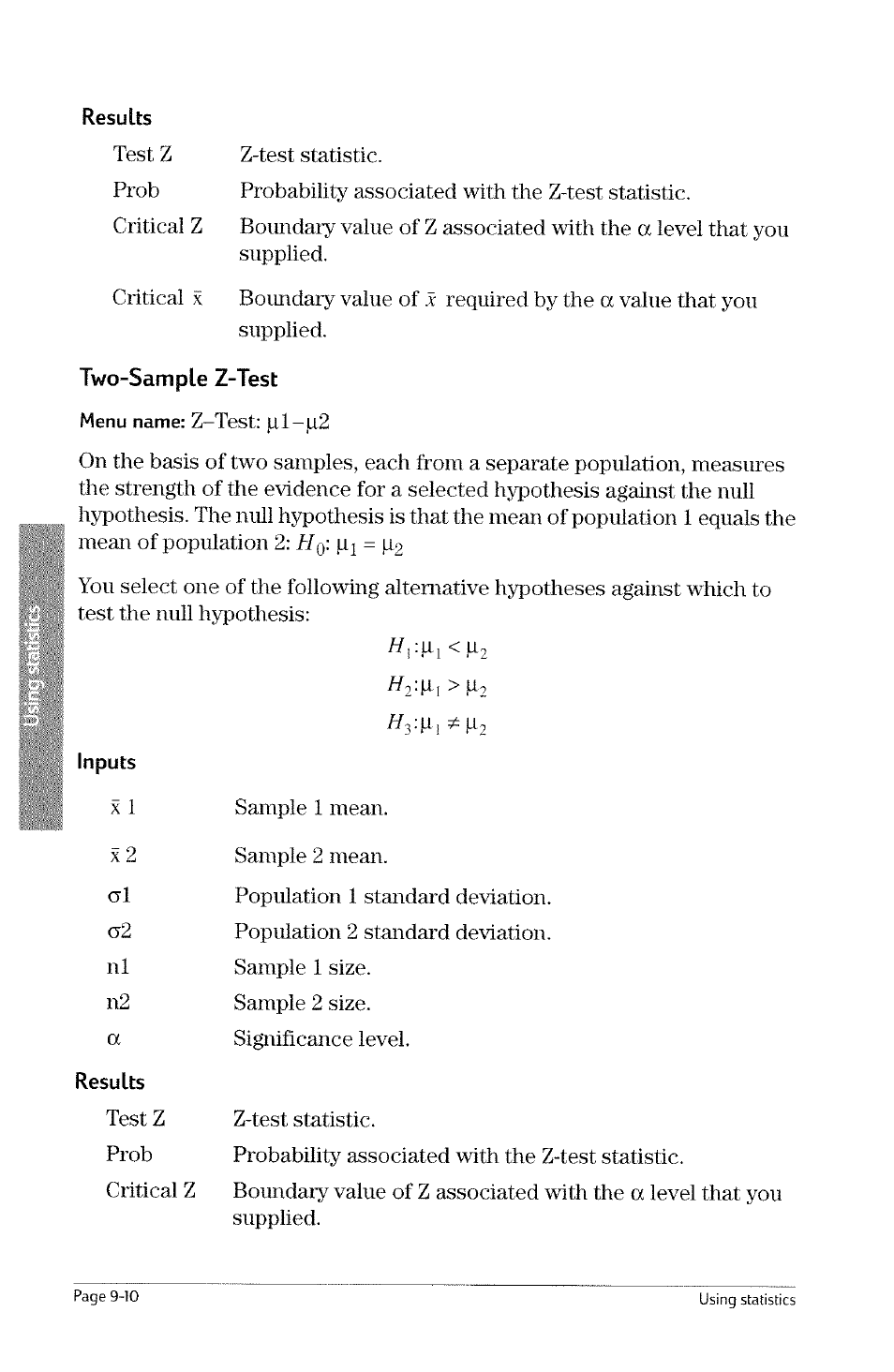 Results, Two-sample z-test, Inputs | HP 49g Graphing Calculator User Manual | Page 178 / 242