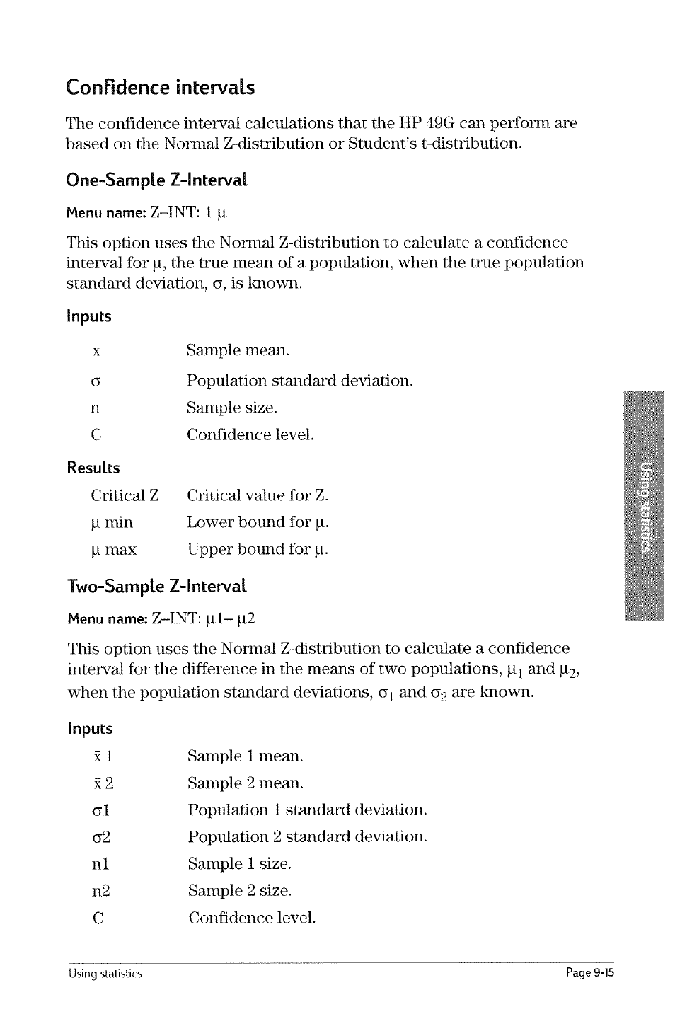 Confidence intervals, Two-sample z-interval, Confidence intervals -14 | One-sample z-interval | HP 49g Graphing Calculator User Manual | Page 183 / 242