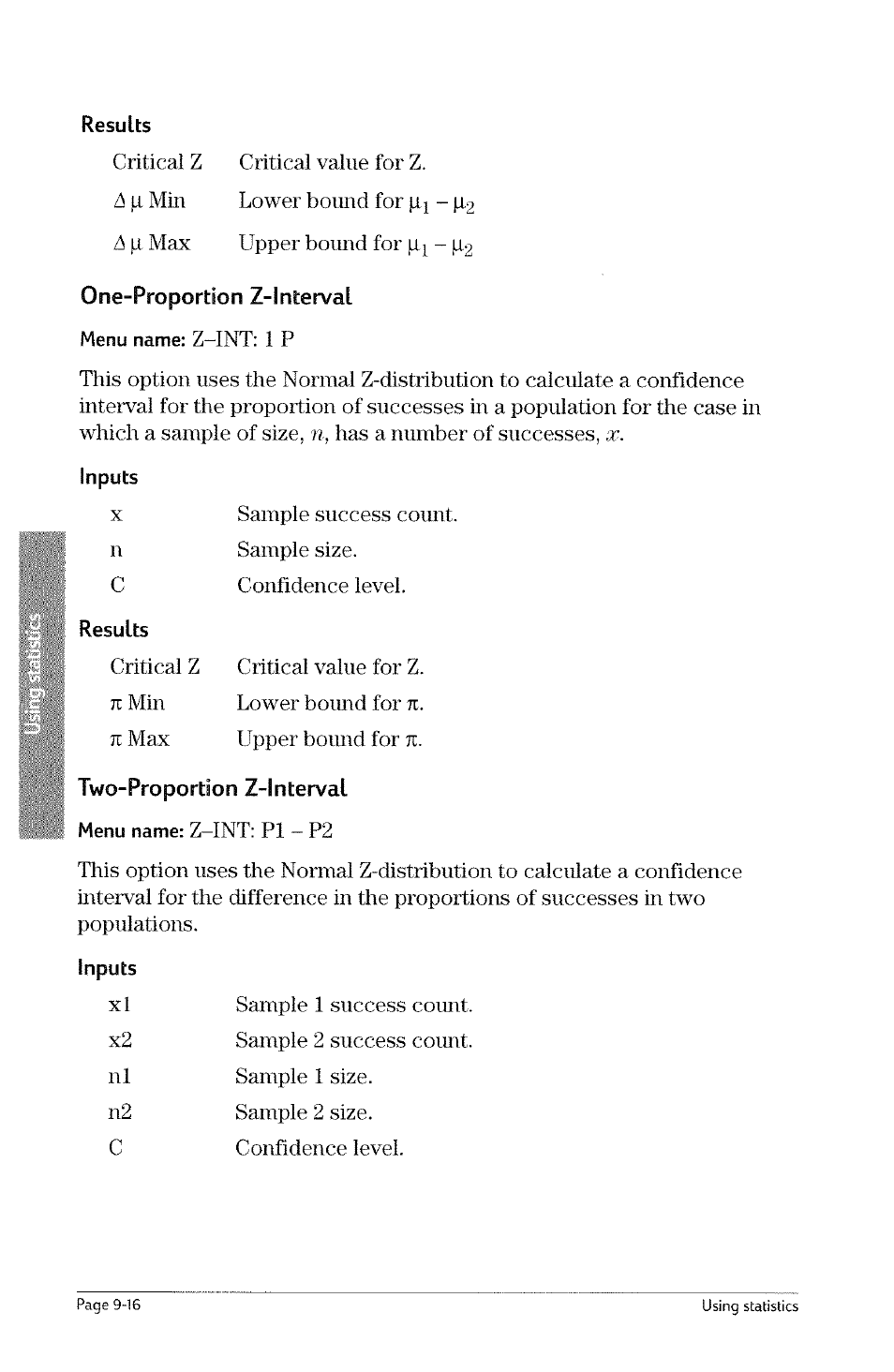 One-proportion z-interval, Two-proportion z-interval | HP 49g Graphing Calculator User Manual | Page 184 / 242