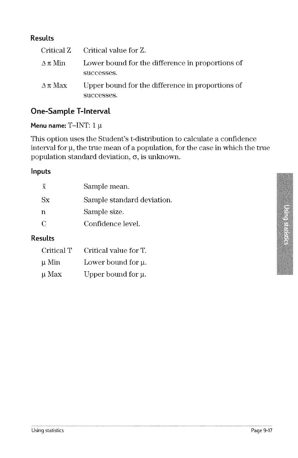 Results, One-sample t-!nterval, Inputs | HP 49g Graphing Calculator User Manual | Page 185 / 242