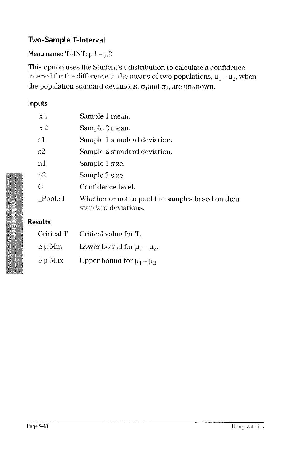 Two-sample t-interval, Inputs, Results | HP 49g Graphing Calculator User Manual | Page 186 / 242