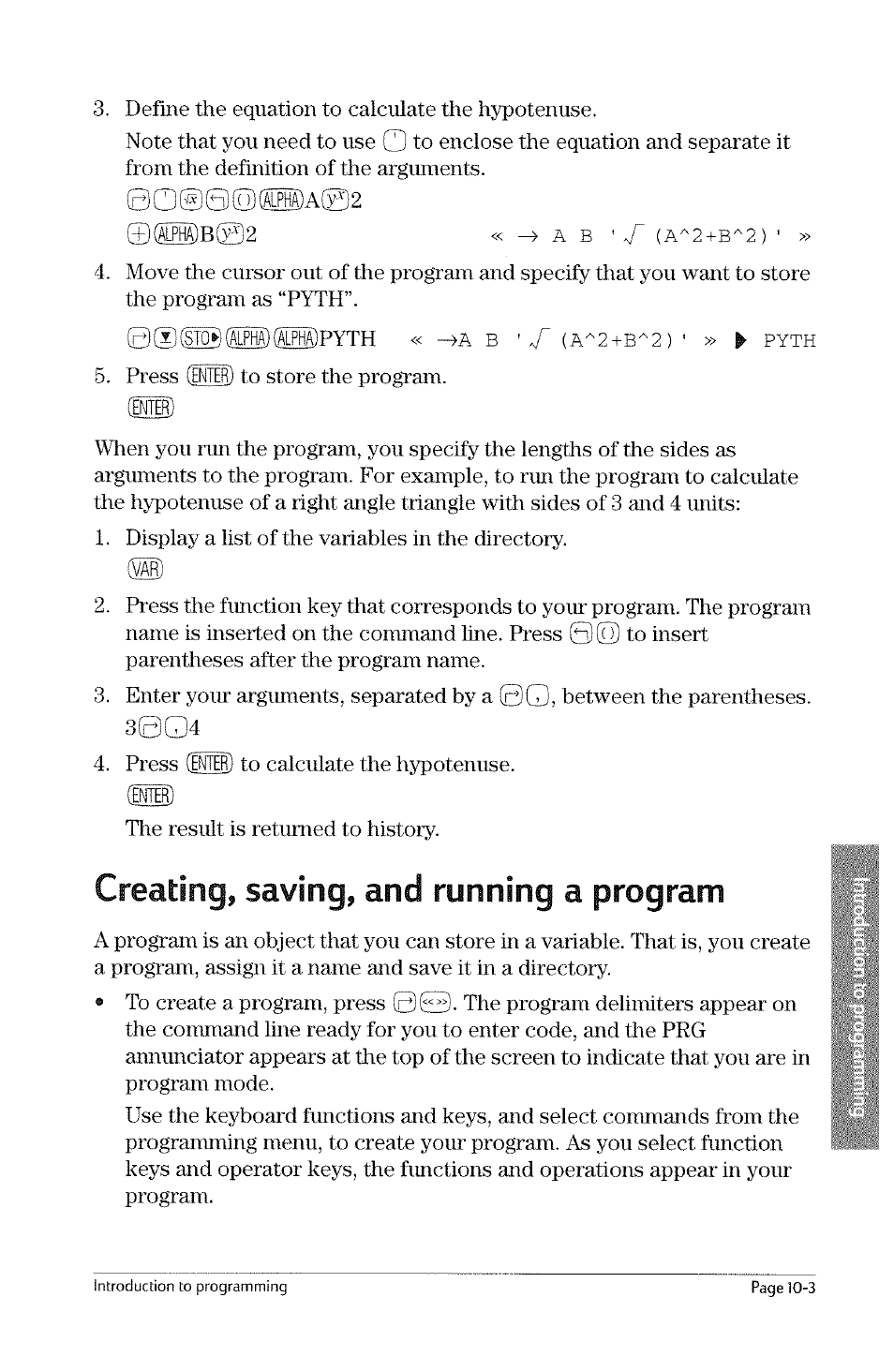 Creating, saving, and running a program, Creating, saving, and running a program -3, A-2+b-2) | HP 49g Graphing Calculator User Manual | Page 189 / 242