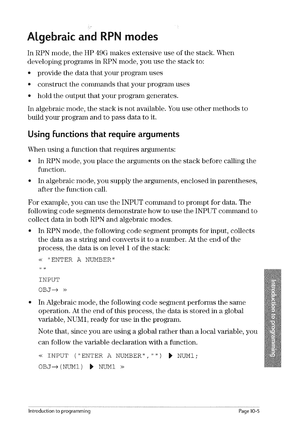 Algebraic and rpn modes, Using functions that require arguments, Algebraic and rpn modes -21 | Using functions that require arguments -5, Enter a number" input obj, Input ("enter a number"," obj^ (numi) ^ numi, Numi | HP 49g Graphing Calculator User Manual | Page 191 / 242