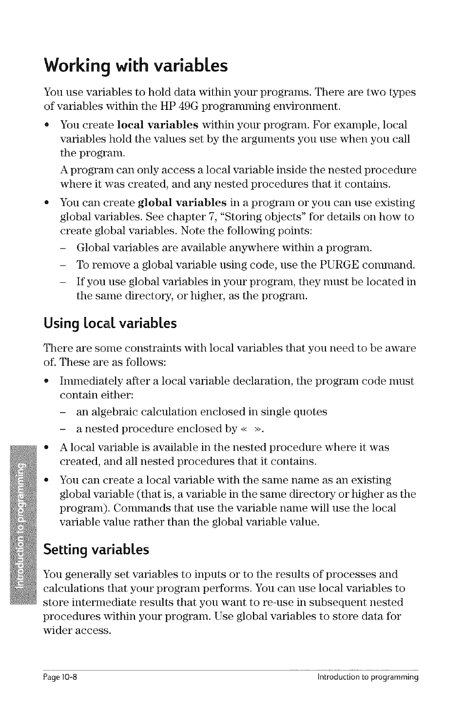 Working with variables, Using local variables, Setting variables | Working with lists -6, Using local variables -8, Setting variables -8 | HP 49g Graphing Calculator User Manual | Page 194 / 242