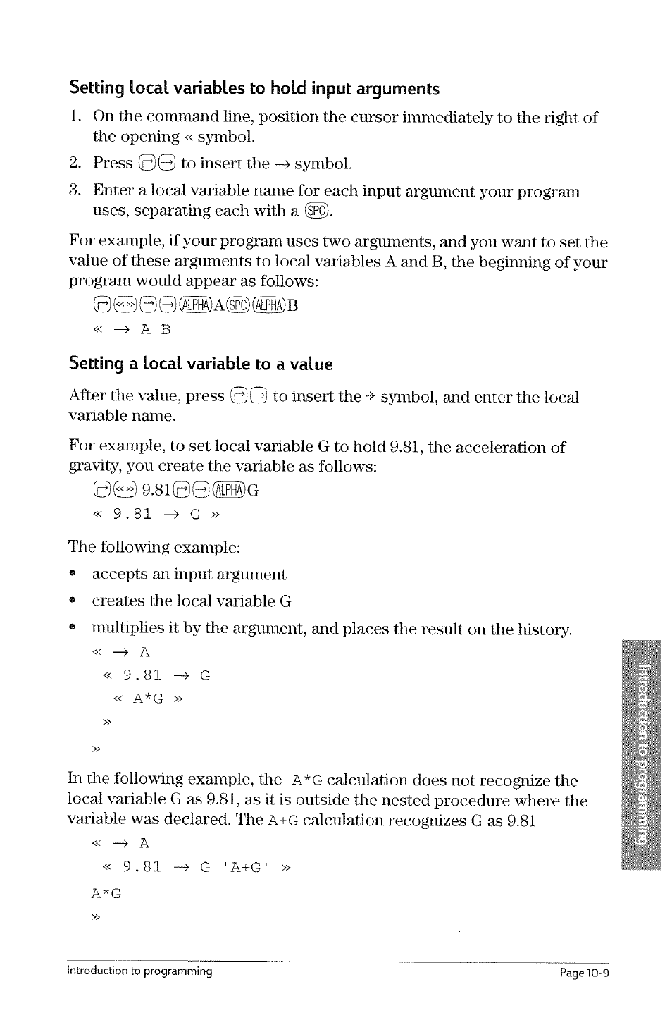 Setting a local variable to a value, 81 ^ g, A « 9.81 g « a*g | A a « 9.81 -a g 'a+g' » a*g | HP 49g Graphing Calculator User Manual | Page 195 / 242