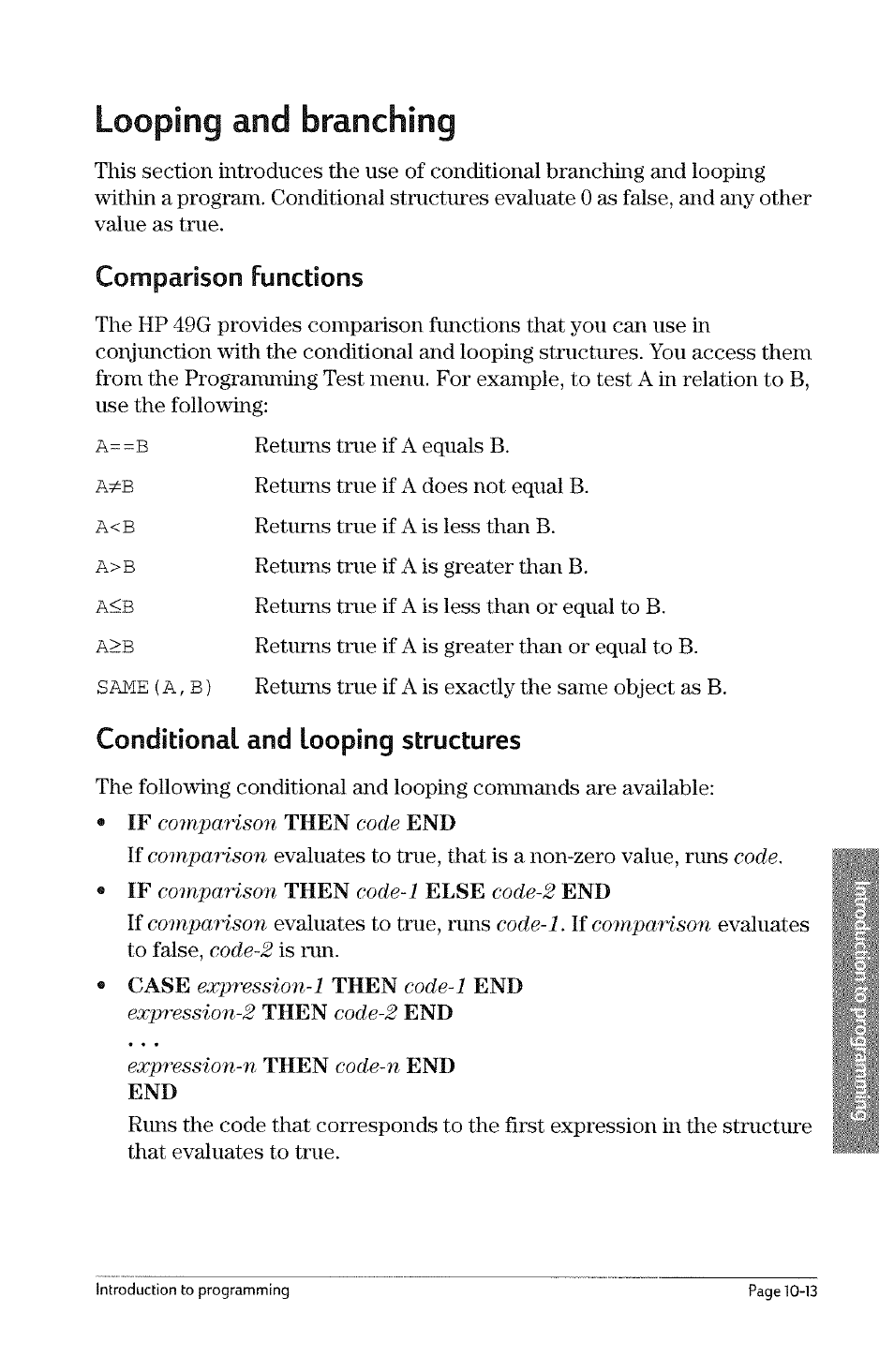 Looping and branching, Comparison functions, Conditional and looping structures | Looping and branching -13, Structures, Conditional and looping | HP 49g Graphing Calculator User Manual | Page 199 / 242