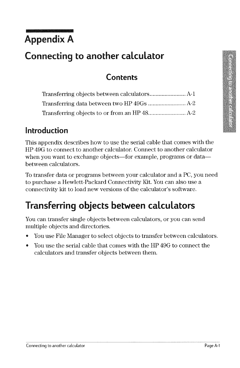 Appendix a, Connecting to another calculator, Transferring objects between calculators | Transferring, Appendix a connecting to another calculator, Objects between calculators | HP 49g Graphing Calculator User Manual | Page 203 / 242