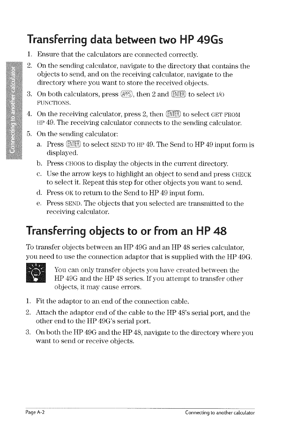 Transferring data between two hp 49gs, Transferring objects to or from an hp 48, Functions | Get from hp, Send to hp, Choos, Check, Send | HP 49g Graphing Calculator User Manual | Page 204 / 242