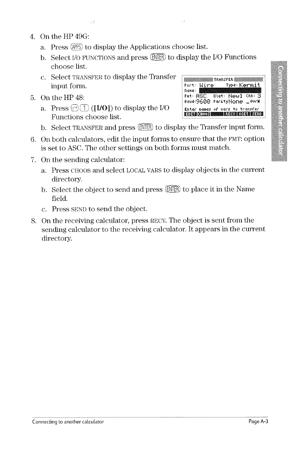 I/o]), I/o functions and, Transfer | Choos and select, Send, Recv | HP 49g Graphing Calculator User Manual | Page 205 / 242