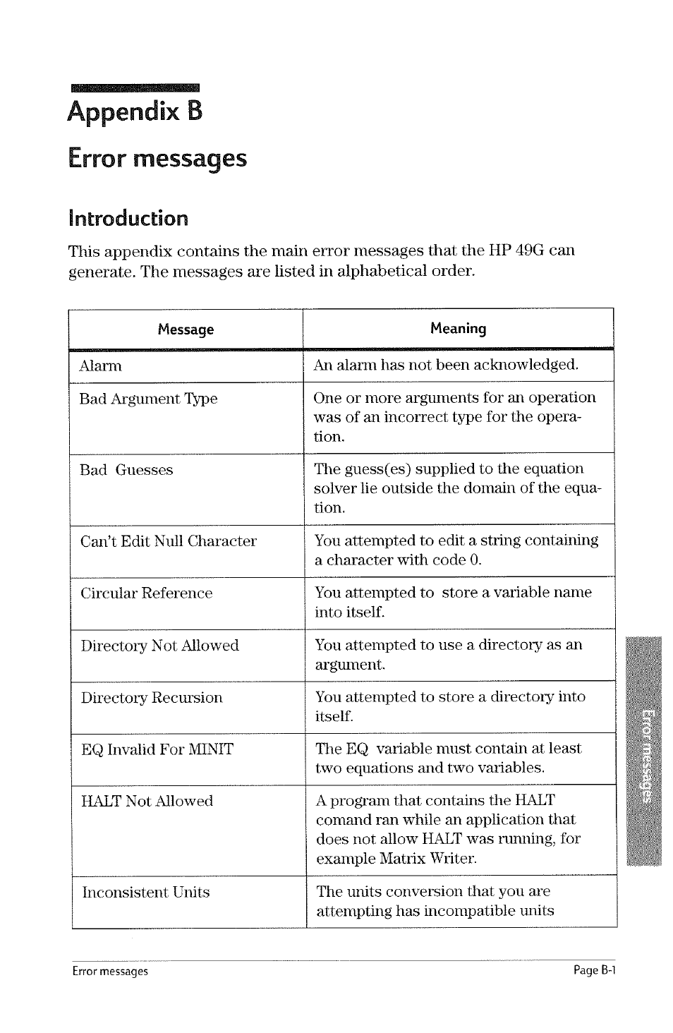 Appendix b error messages, Appendix b, Error messages | Introduction | HP 49g Graphing Calculator User Manual | Page 207 / 242