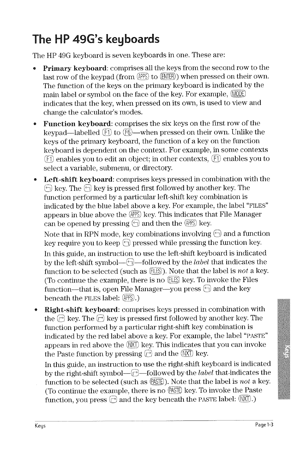 The hp 49g’s keyboards, The hp 49g’s keyboards -3, Function keyboard | Left-shift keyboard, Right-shift keyboard, Label, Files, Paste | HP 49g Graphing Calculator User Manual | Page 21 / 242