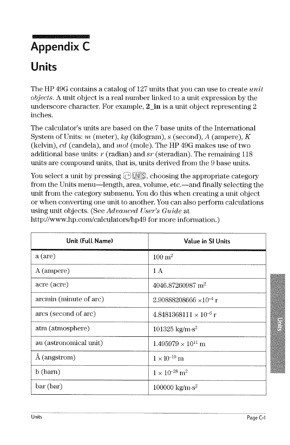 Appendix c units | HP 49g Graphing Calculator User Manual | Page 211 / 242