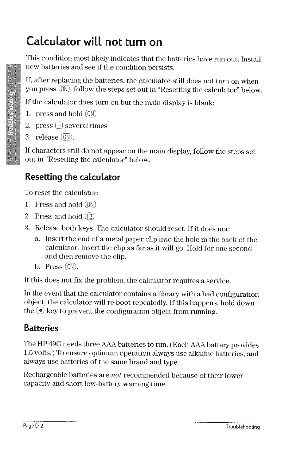 Resetting the calculator, Batteries, Calculator will not | Turn on | HP 49g Graphing Calculator User Manual | Page 218 / 242