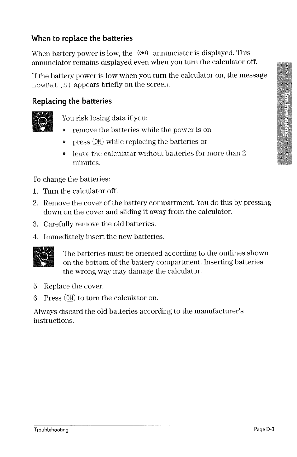 When to replace the batteries, Replacing the batteries | HP 49g Graphing Calculator User Manual | Page 219 / 242