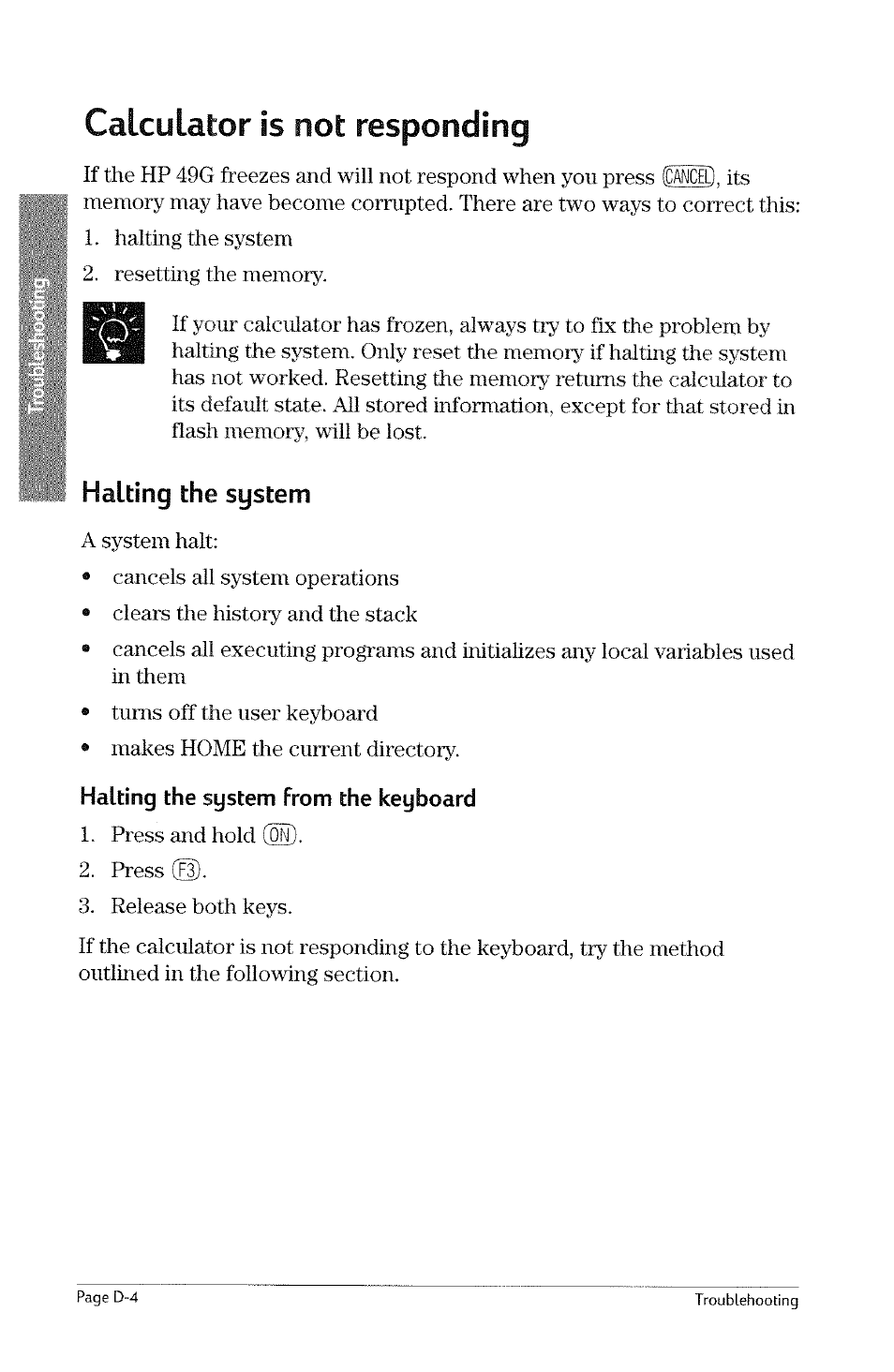 Calculator is not responding, Halting the system, Halting the system from the keyboard | HP 49g Graphing Calculator User Manual | Page 220 / 242