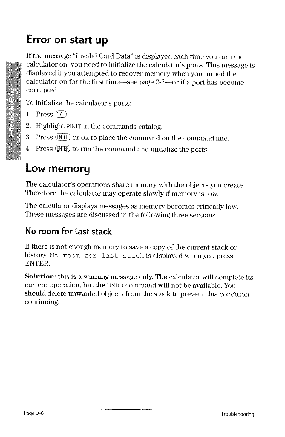 Error on start up, No room for last stack, Solution | Pinit, Undo | HP 49g Graphing Calculator User Manual | Page 222 / 242